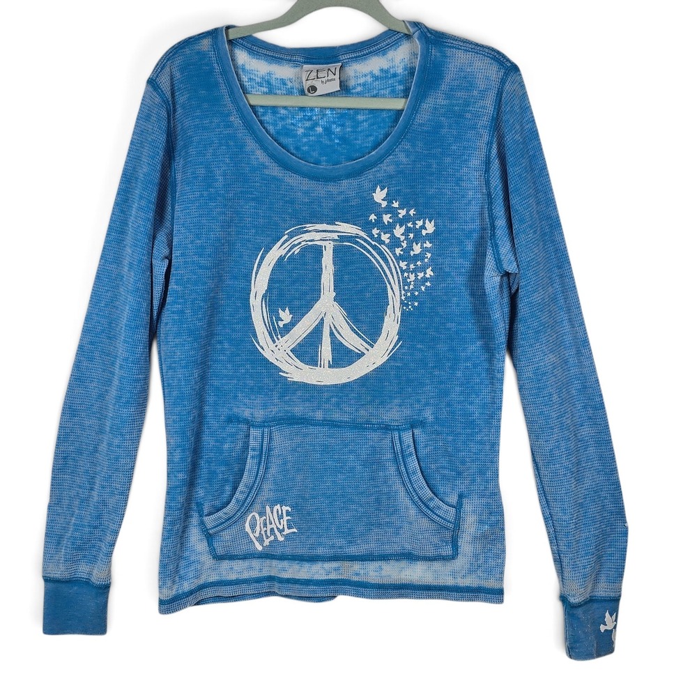 Zen by J. America Thermal Top Womens Large Peace Sign Blue Acid Wash Waffle Knit